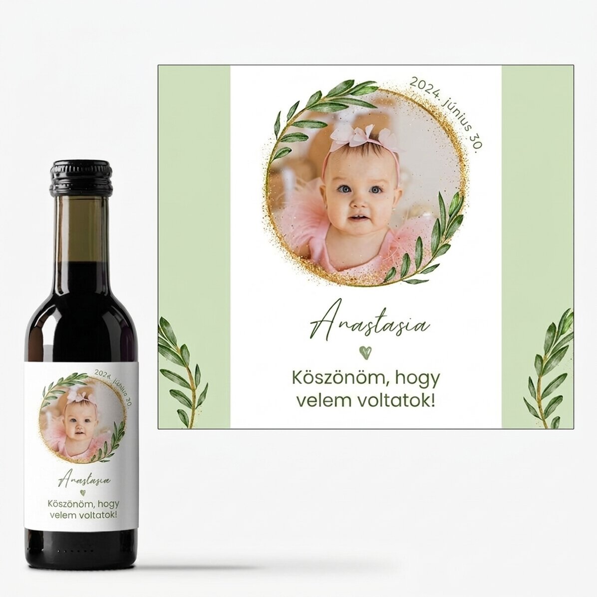 Fotóval és szöveggel személyre szabott mini borosüveg – keresztelői ajándék