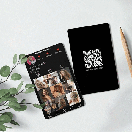 Személyre szabott, kétoldalas alumínium névjegykártya QR-kóddal, szöveggel és fotókkal – Instagram