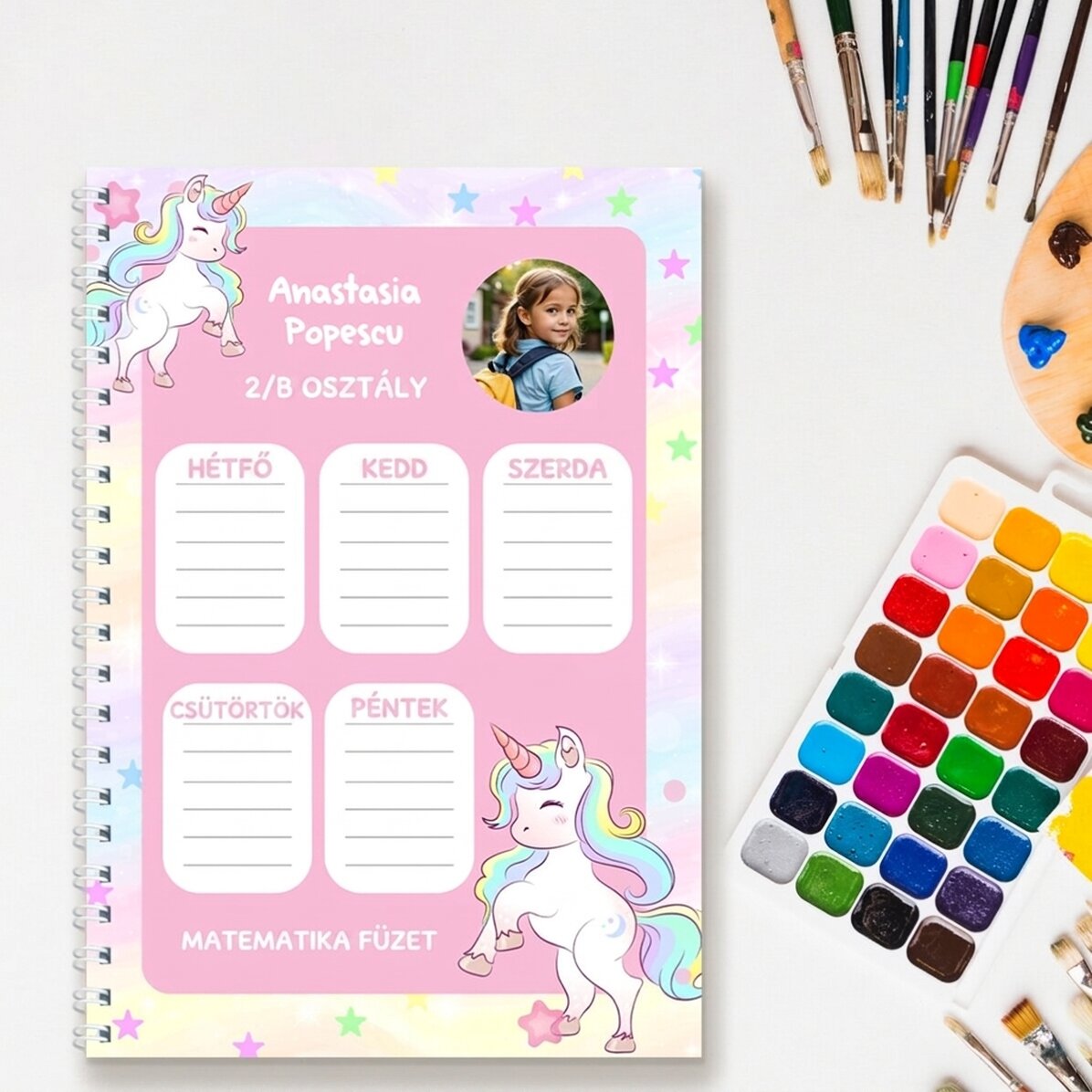 Személyre szabott jegyzetfüzet fotóval és szöveggel – Unicorns Timetable