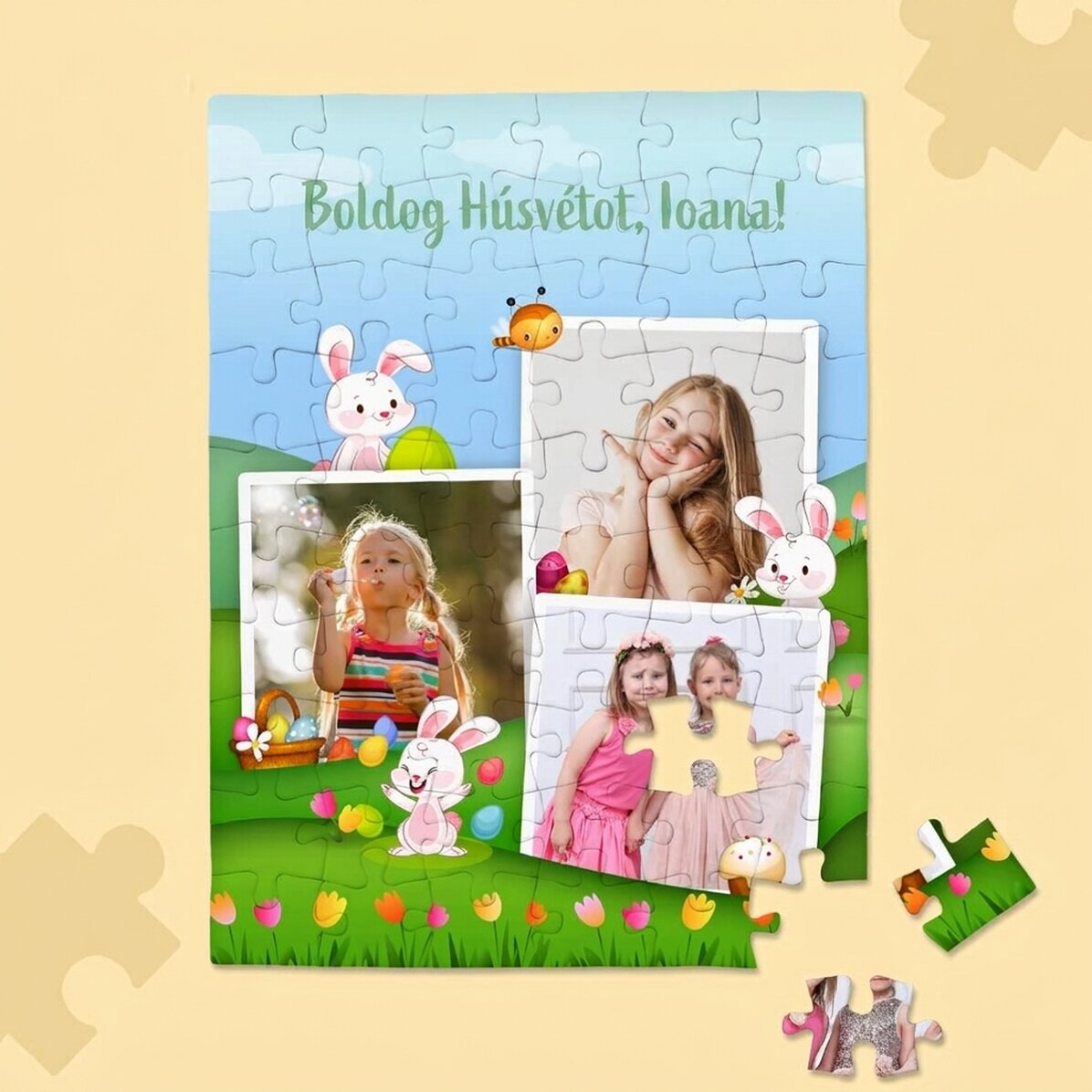 Személyre szabott puzzle gyerekeknek, 3 képpel és szöveggel - Boldog húsvétot!