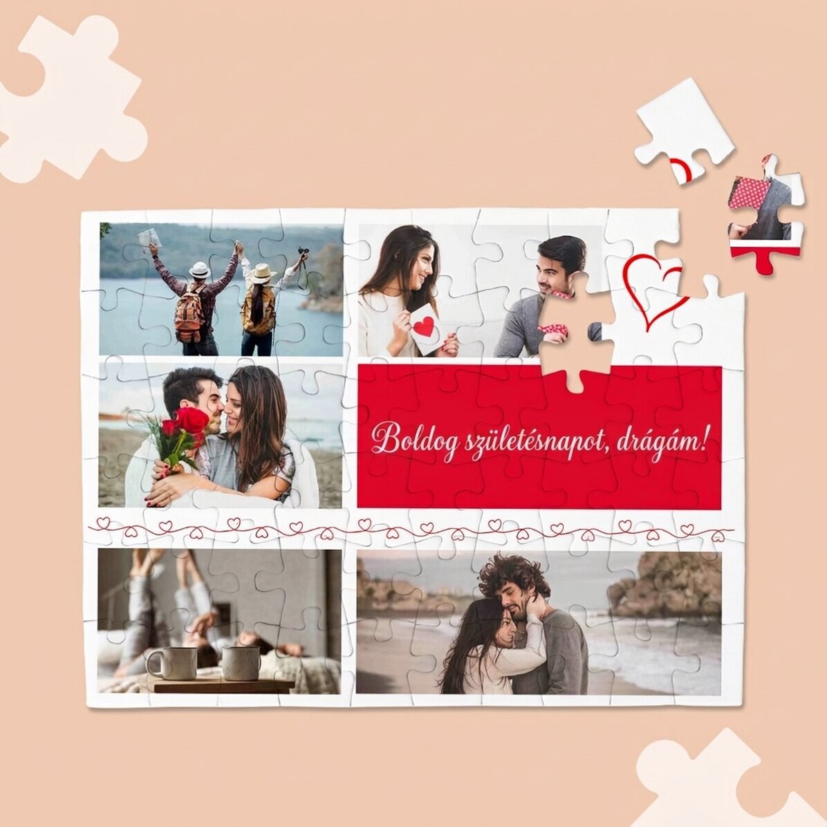 Személyre szabott puzzle 5 fotóval és szöveggel - Szívek