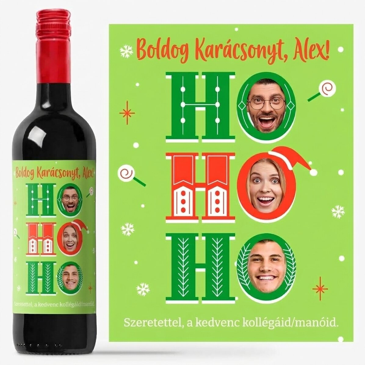 Személyre szabott bor üzenettel és 3 karácsonyi fotóval - HO HO HO