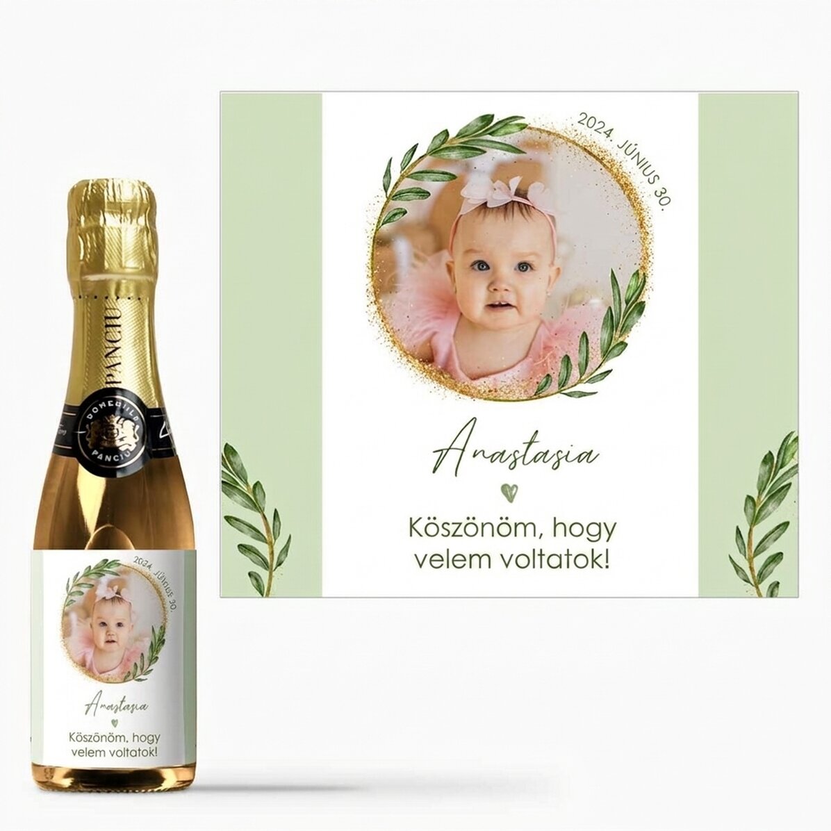 Fotóval és szöveggel személyre szabott mini pezsgősüveg – keresztelői ajándék