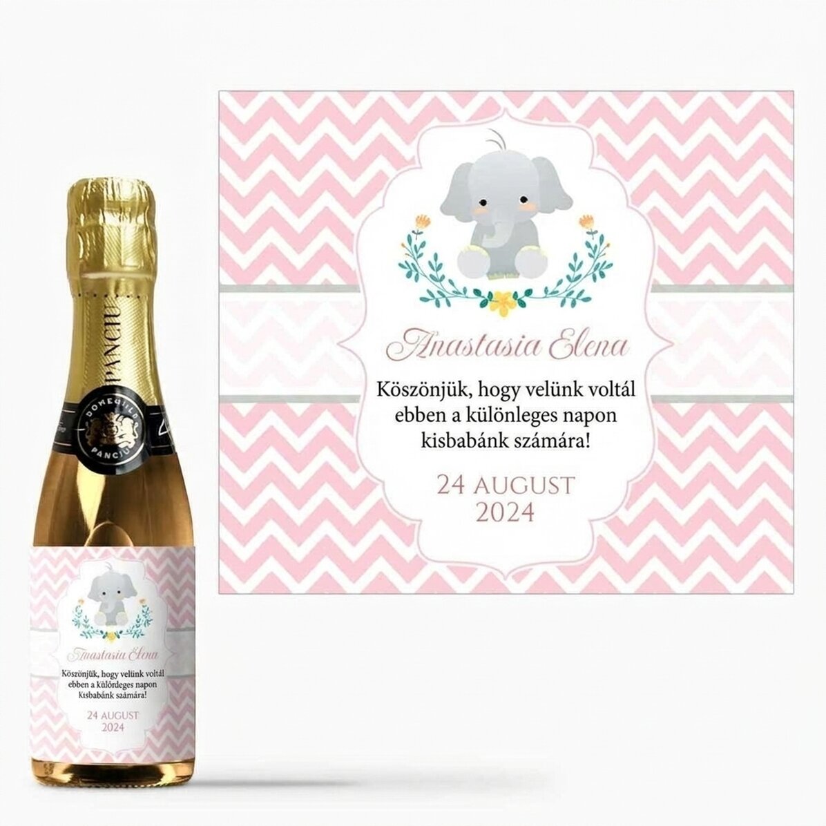 Mini pezsgősüveg, személyre szabott szöveggel, keresztelői ajándékként – Elephant