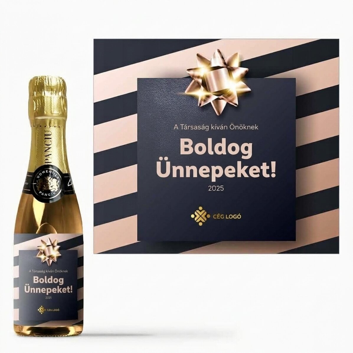 Mini pezsgősüveg, logóval és szöveggel személyre szabva – Ünnepi ajándék