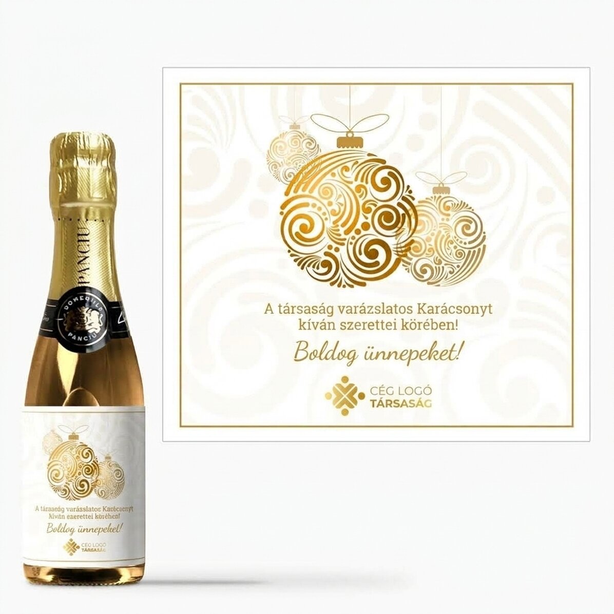 Mini pezsgősüveg, logóval és üzenettel személyre szabva – Arany karácsonyi díszek