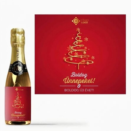 Mini pezsgősüveg, szöveggel és logóval személyre szabva – Boldog ünnepeket!