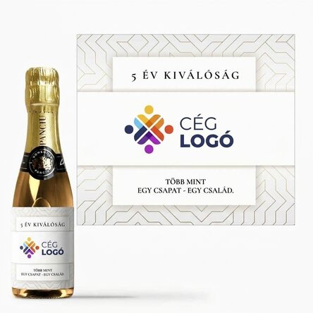 Mini pezsgősüveg, szöveggel személyre szabva, fehér változat – Márka évfordulója