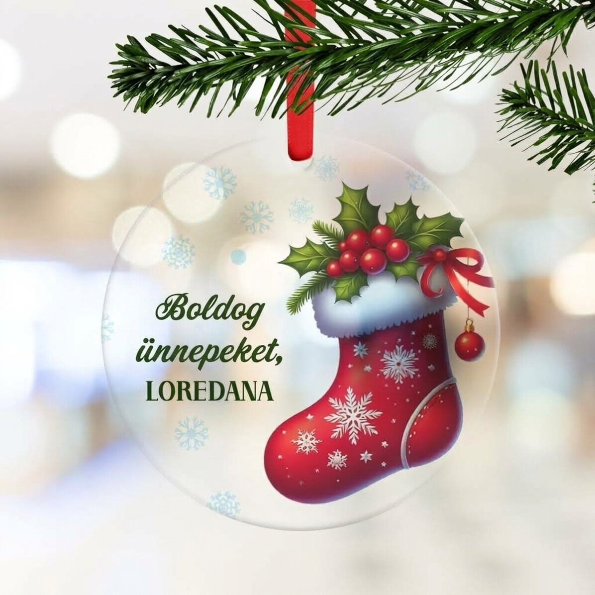 Személyre szabott kerek dísztárgy üzenettel - Boldog ünnepeket!