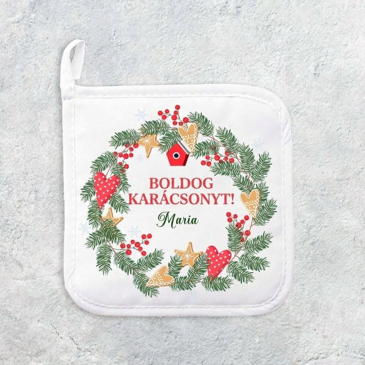 Személyre szabott, névvel ellátott forró edényfogó - Boldog karácsonyt!