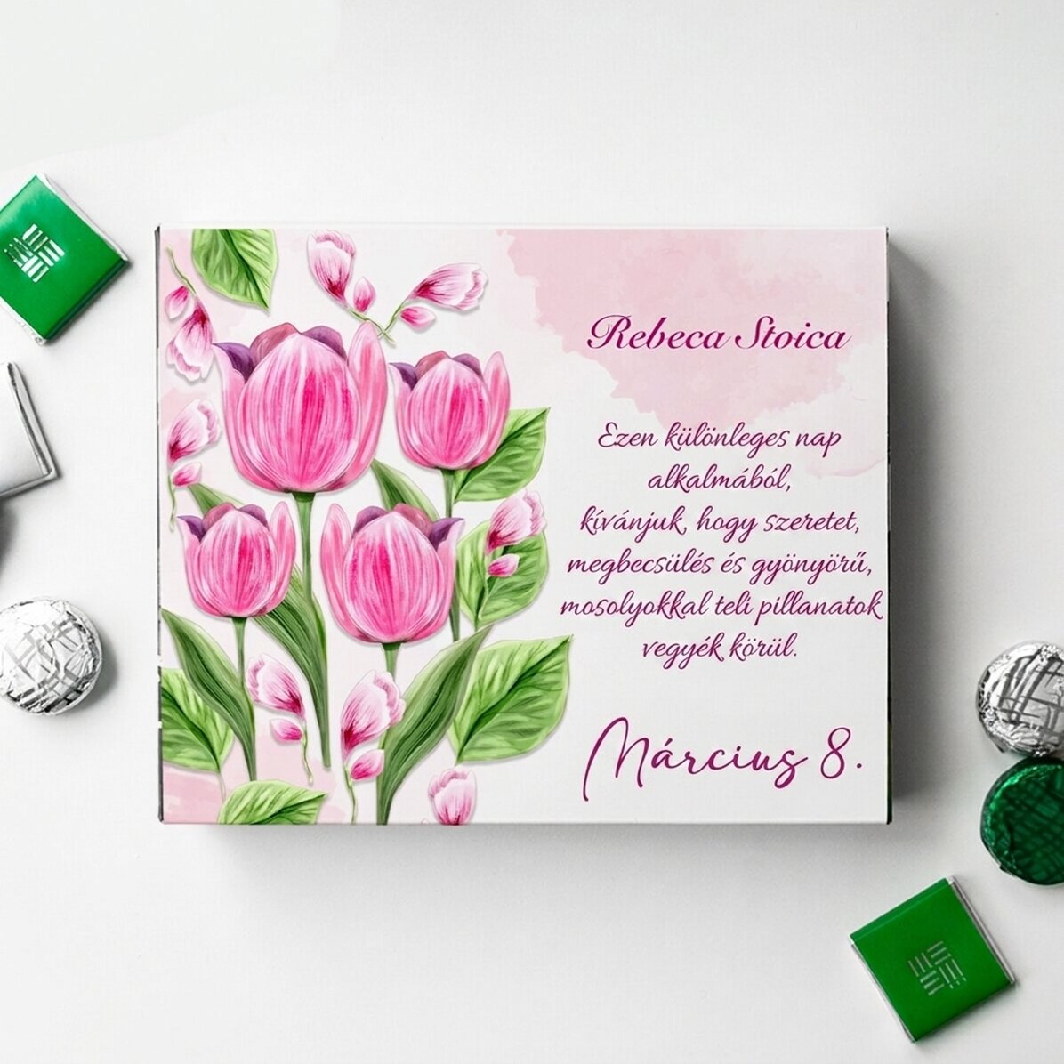 Személyre szabott cukorkás doboz szöveggel - Tulipánok