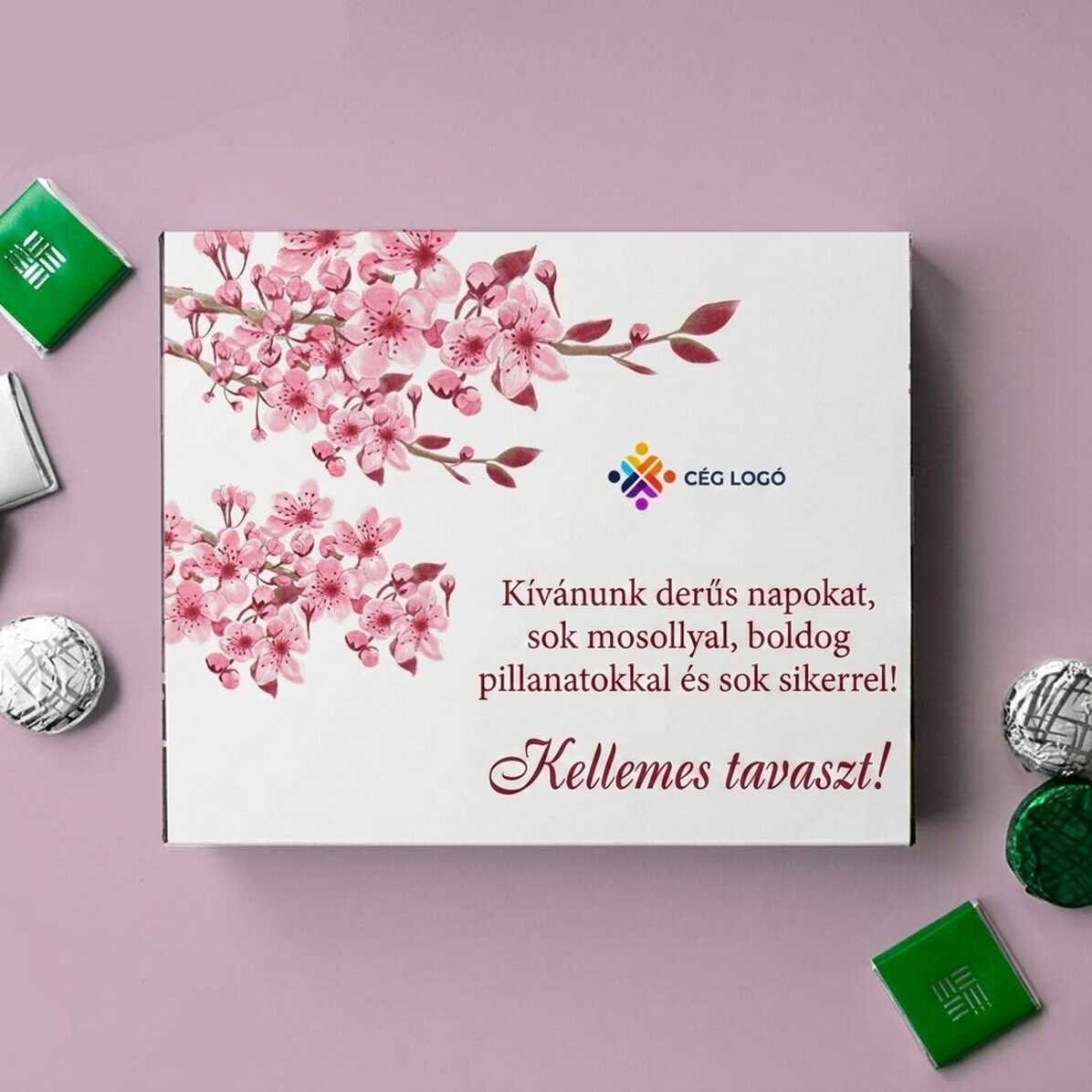 Személyre szabott csokoládédoboz logóval és szöveggel - Tavasz
