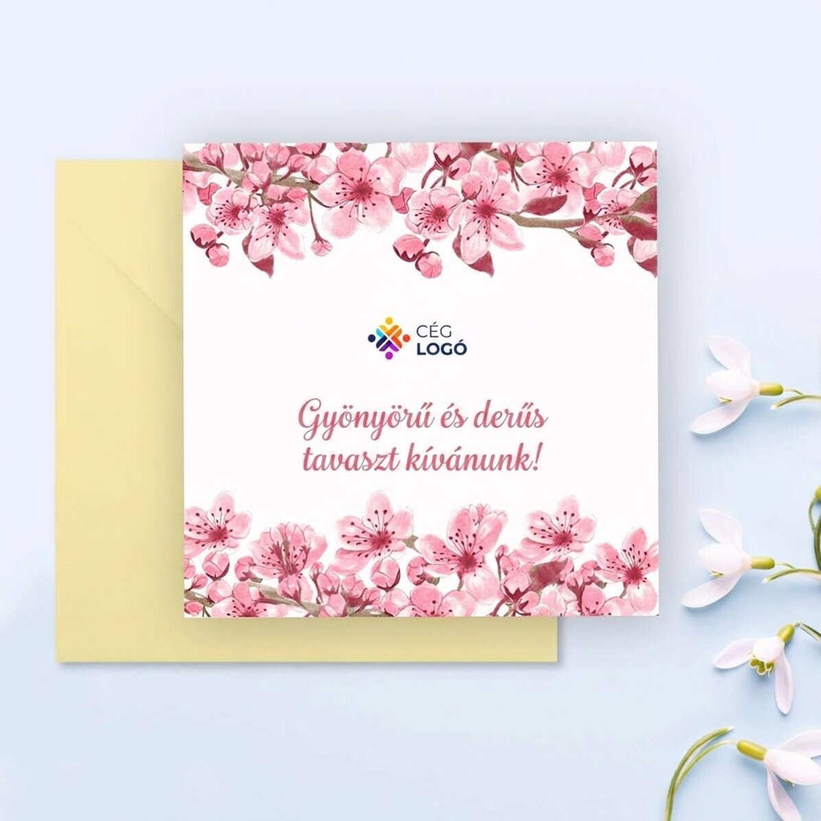 Személyre szabott négyzet alakú kártya szöveggel és logóval - Tavasz