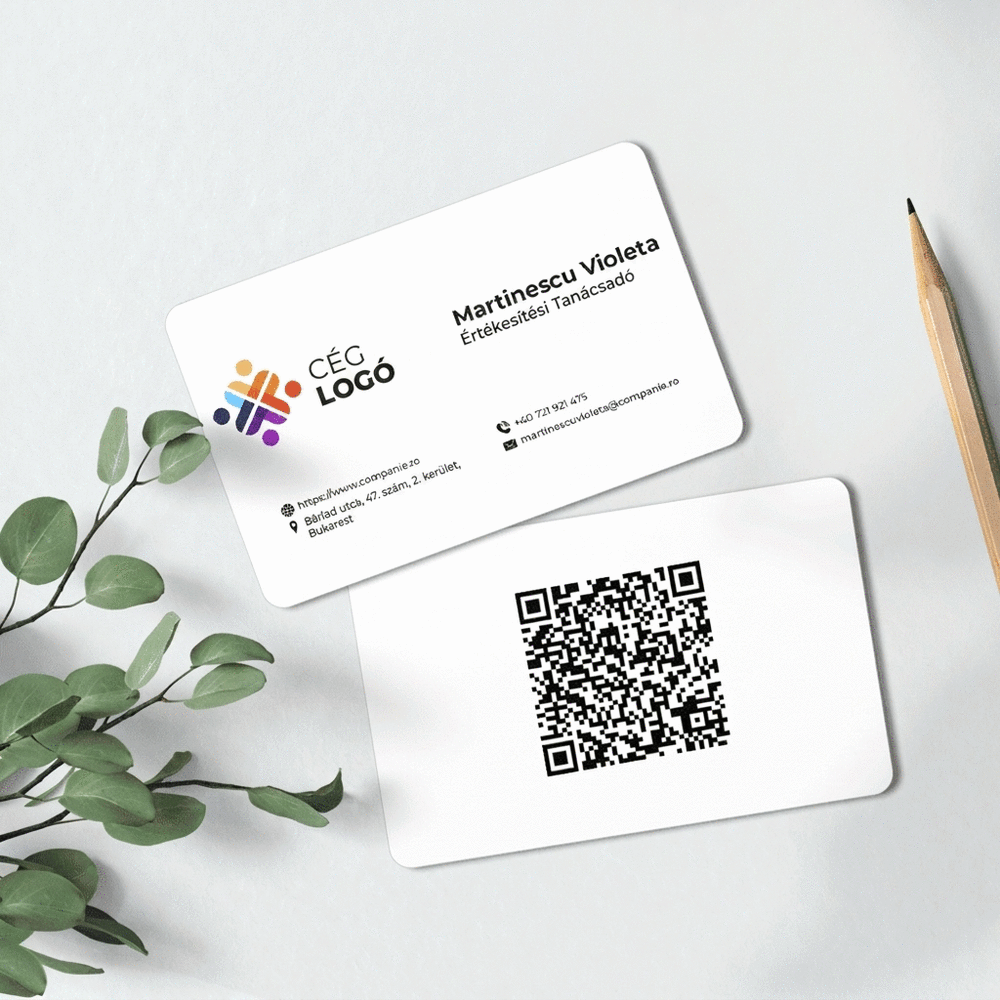 Személyre szabott, kétoldalas alumínium névjegykártya QR-kóddal és elérhetőségi adatokkal