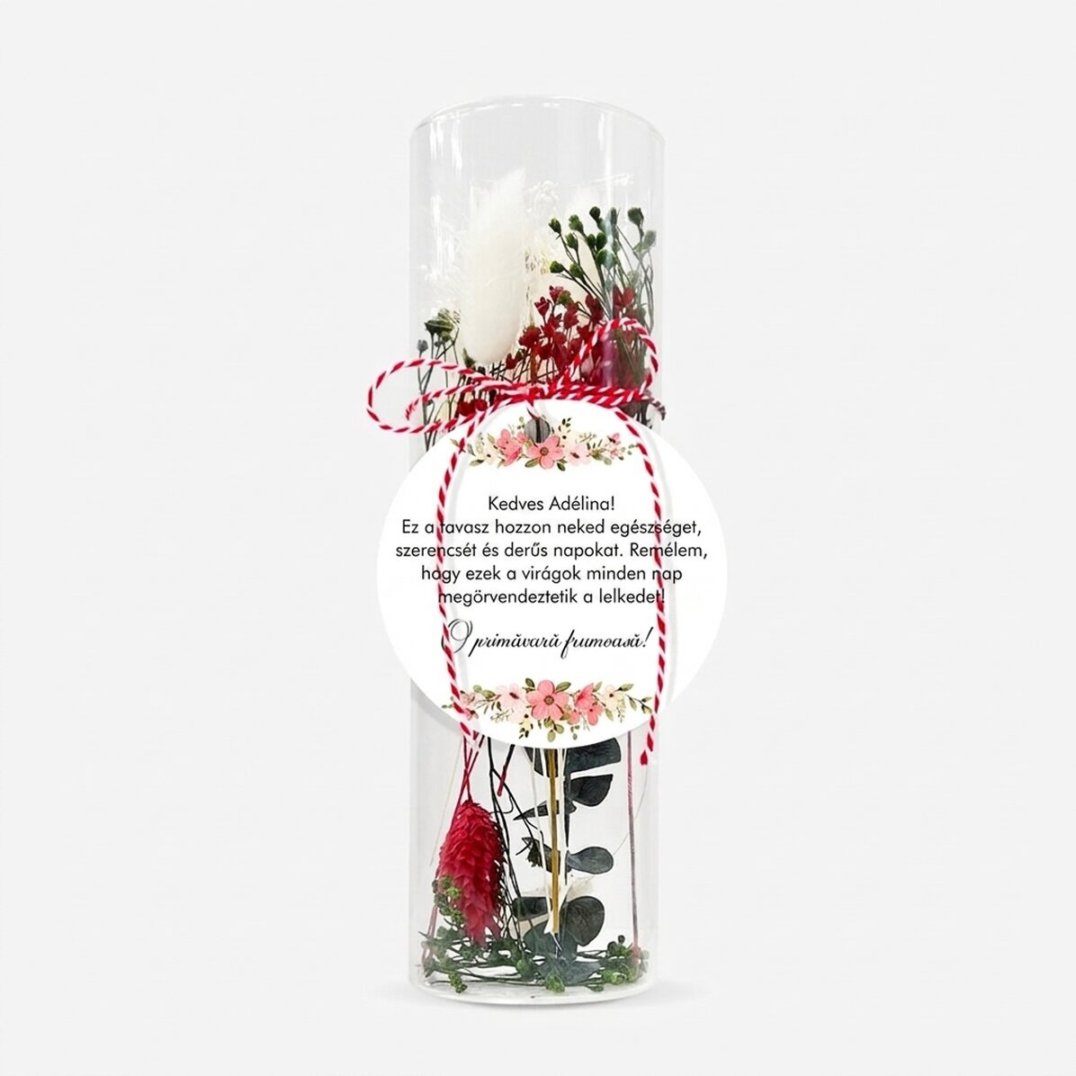 Üveg martisor dísz, konzervált virágokkal, személyre szabott üzenettel