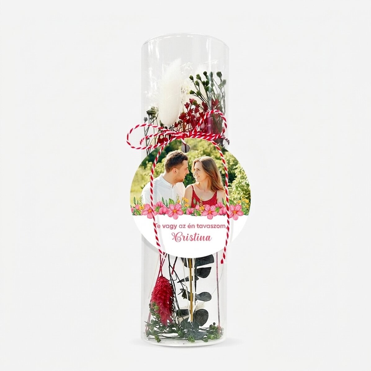 Üveg martisor dísz, konzervált virágokkal, személyre szabott üzenettel és fotóval - My Spring