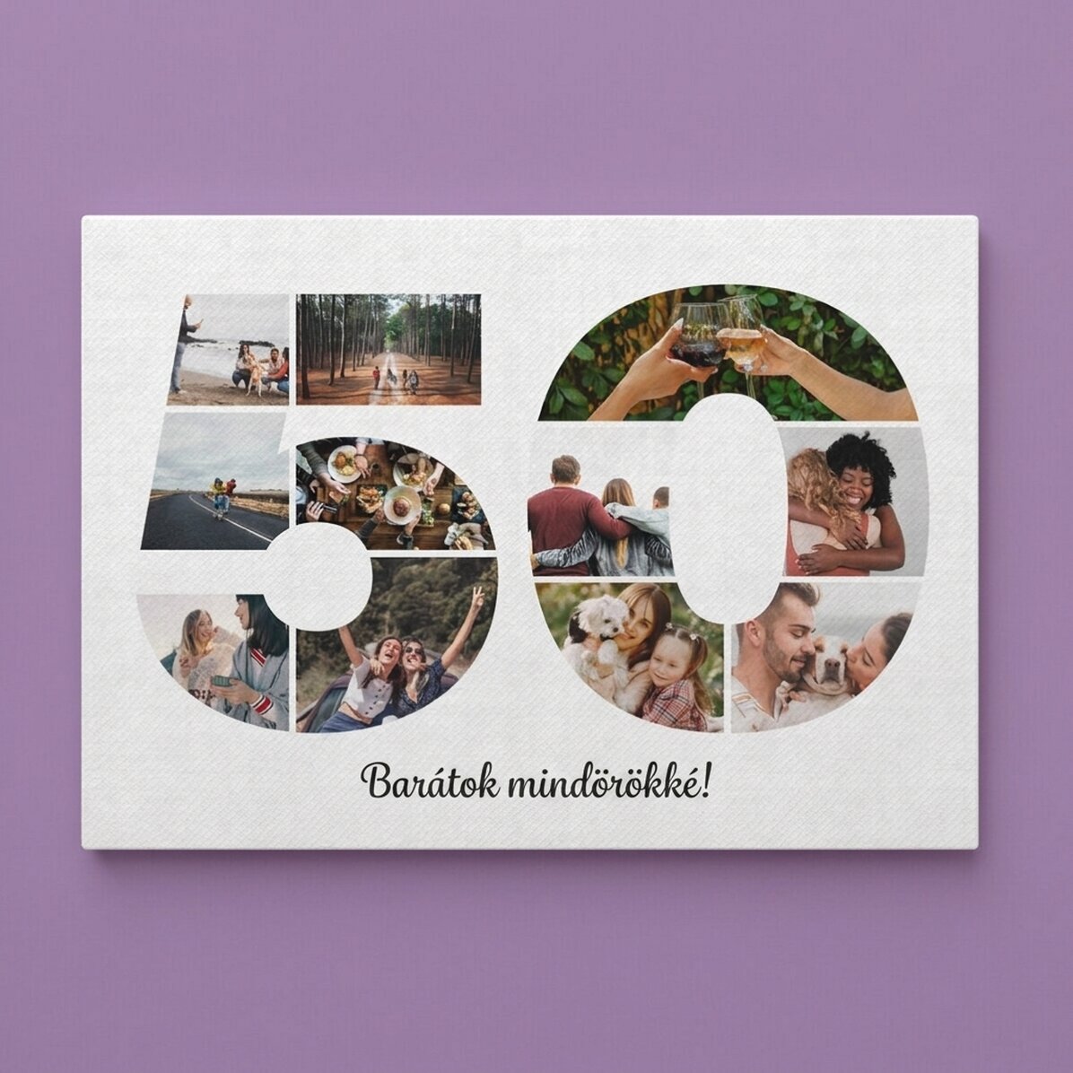 Személyre szabott tájkép vászonnyomtatás 11 fotóval, 50-es modellszámmal és szöveges üzenettel