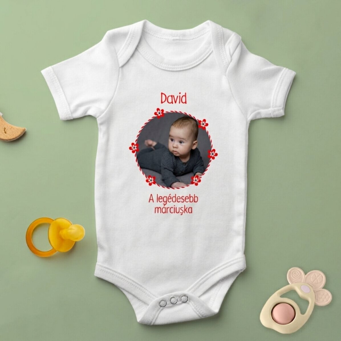 Személyre szabott babaruha fotóval és szöveggel