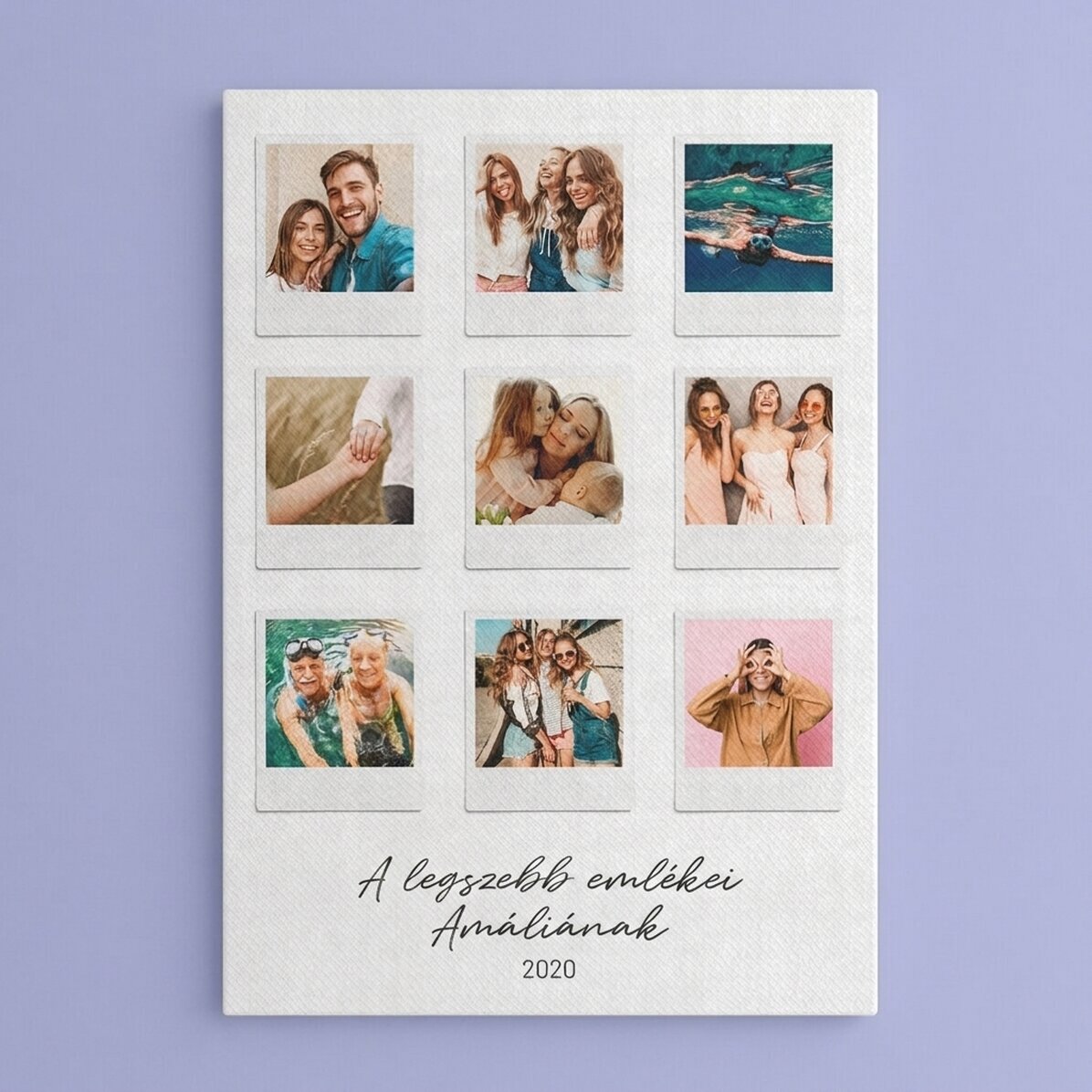 Személyre szabott vászonnyomtatás szöveggel és 9 Polaroid stílusú fotóval – A legszebb pillanatok