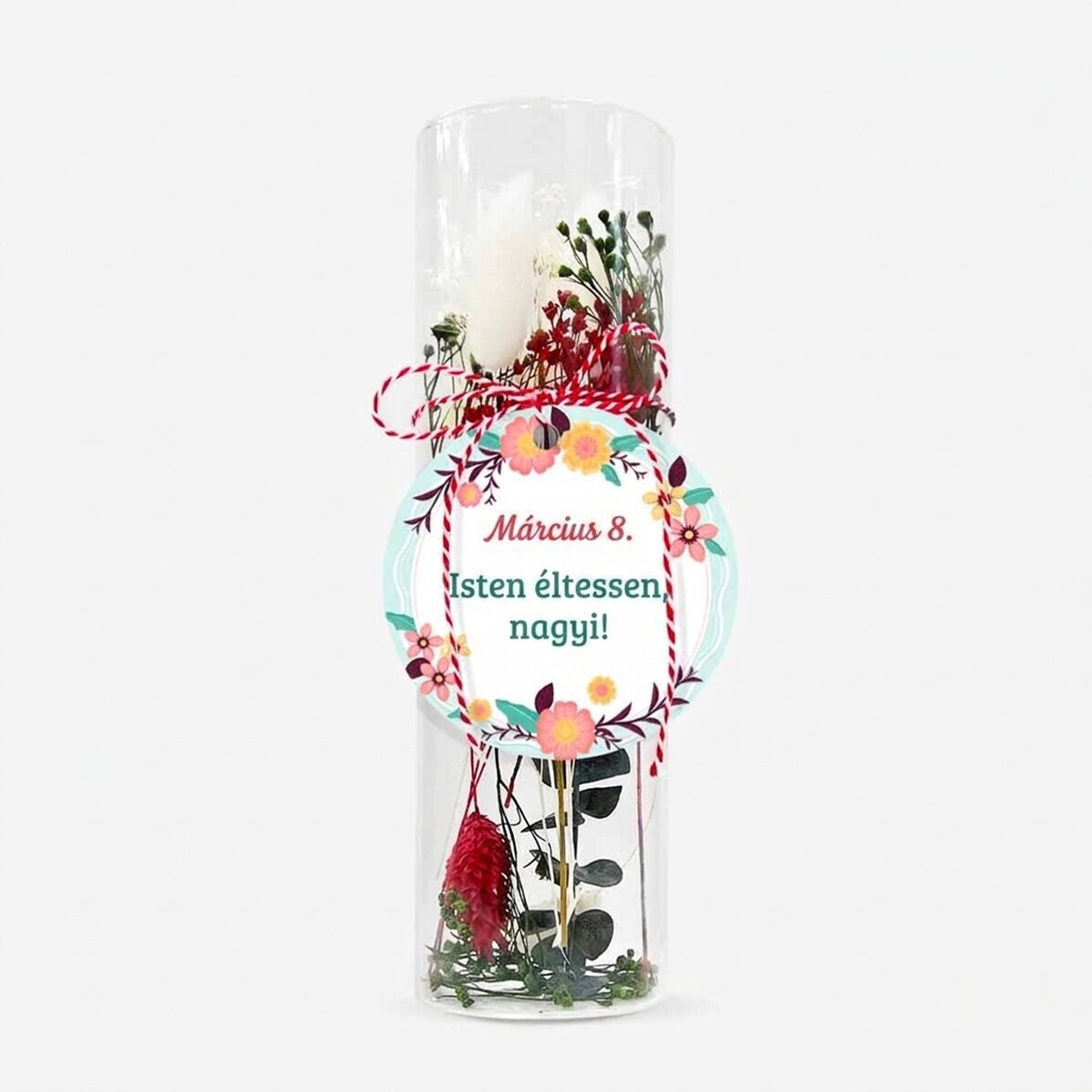 Üveg martisor dísz, konzervált virágokkal, személyre szabott üzenettel