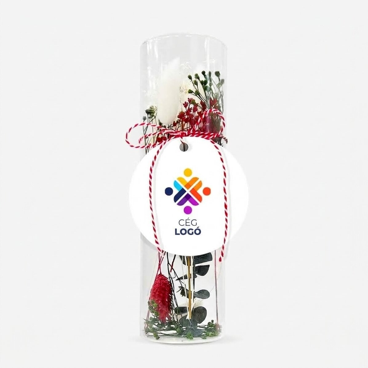 Üveg martisor dísz, konzervált virágokkal, logóval személyre szabva