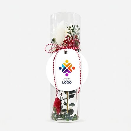 Üveg martisor dísz, konzervált virágokkal, logóval személyre szabva