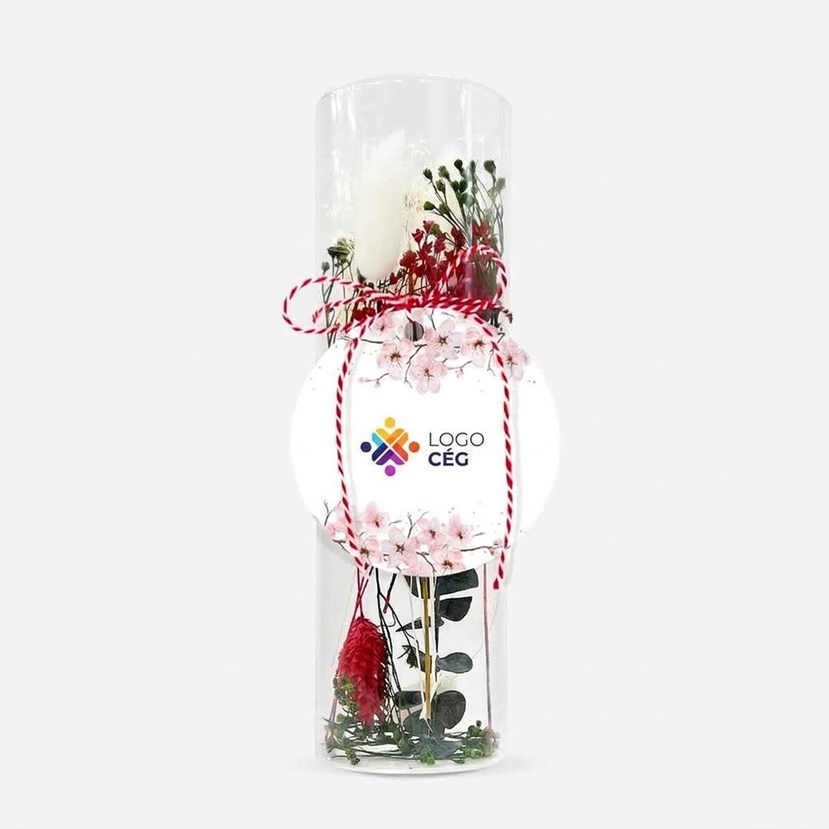 Üveg martisor dísz, konzervált virágokkal, logóval személyre szabva - Virágok