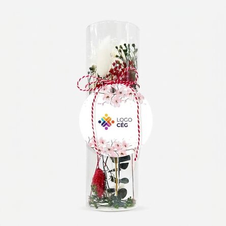Üveg martisor dísz, konzervált virágokkal, logóval személyre szabva - Virágok