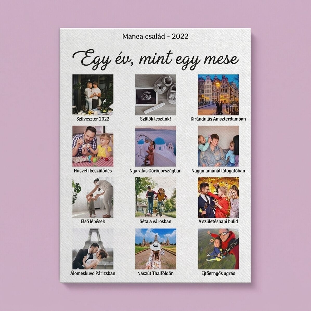 Személyre szabott vászonnyomtatás 12 fotóval és szöveggel – Egy év, mint egy történet