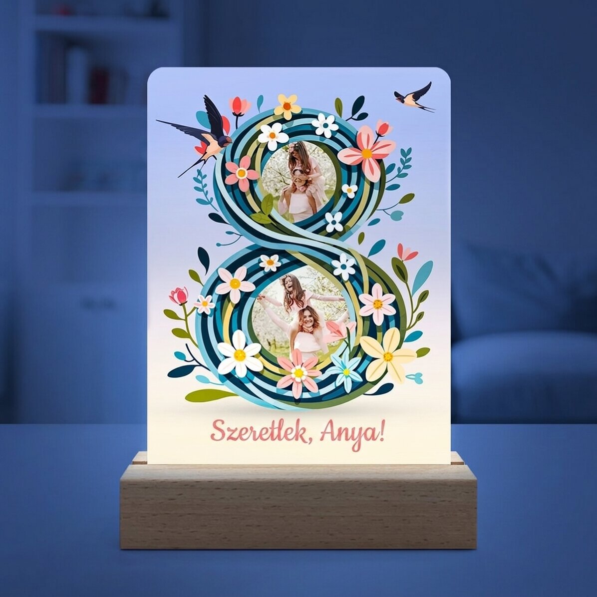 Személyre szabott LED éjszakai lámpa 2 fotóval és szöveggel - 8 virágos