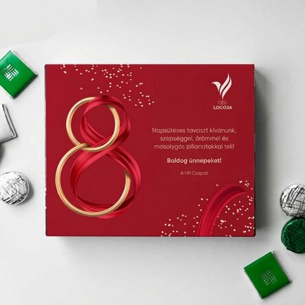 Személyre szabott csokoládédoboz logóval és szöveggel – március 8.