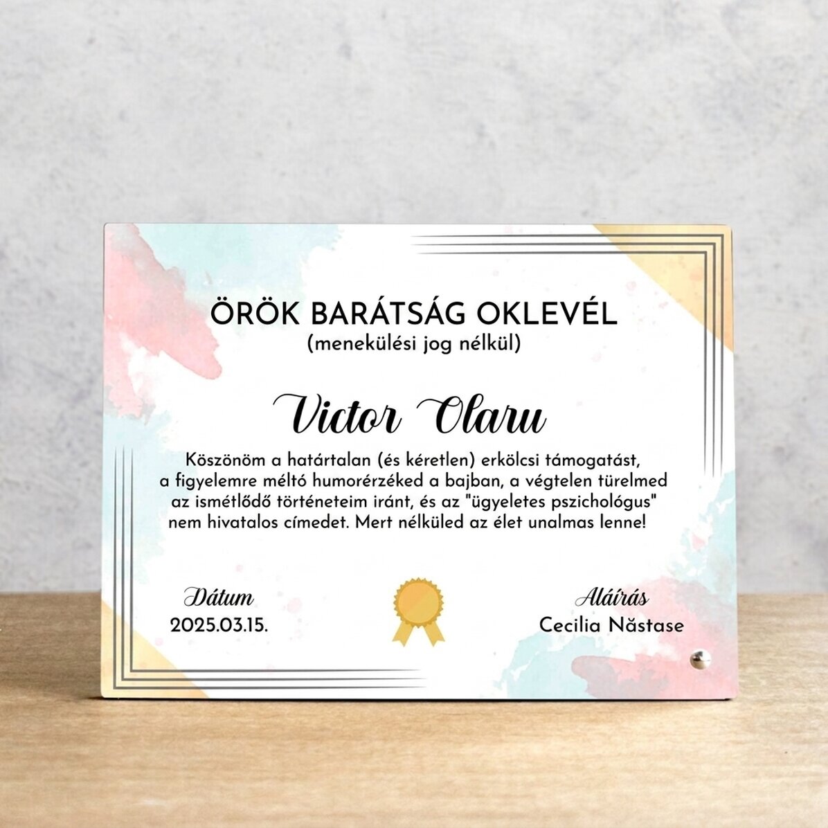 Személyre szabott asztali képkeret - Barátság oklevél