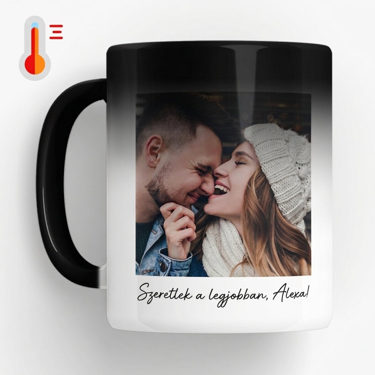 Hőérzékeny bögre, személyre szabott fotóval, üzenettel és QR-kóddal