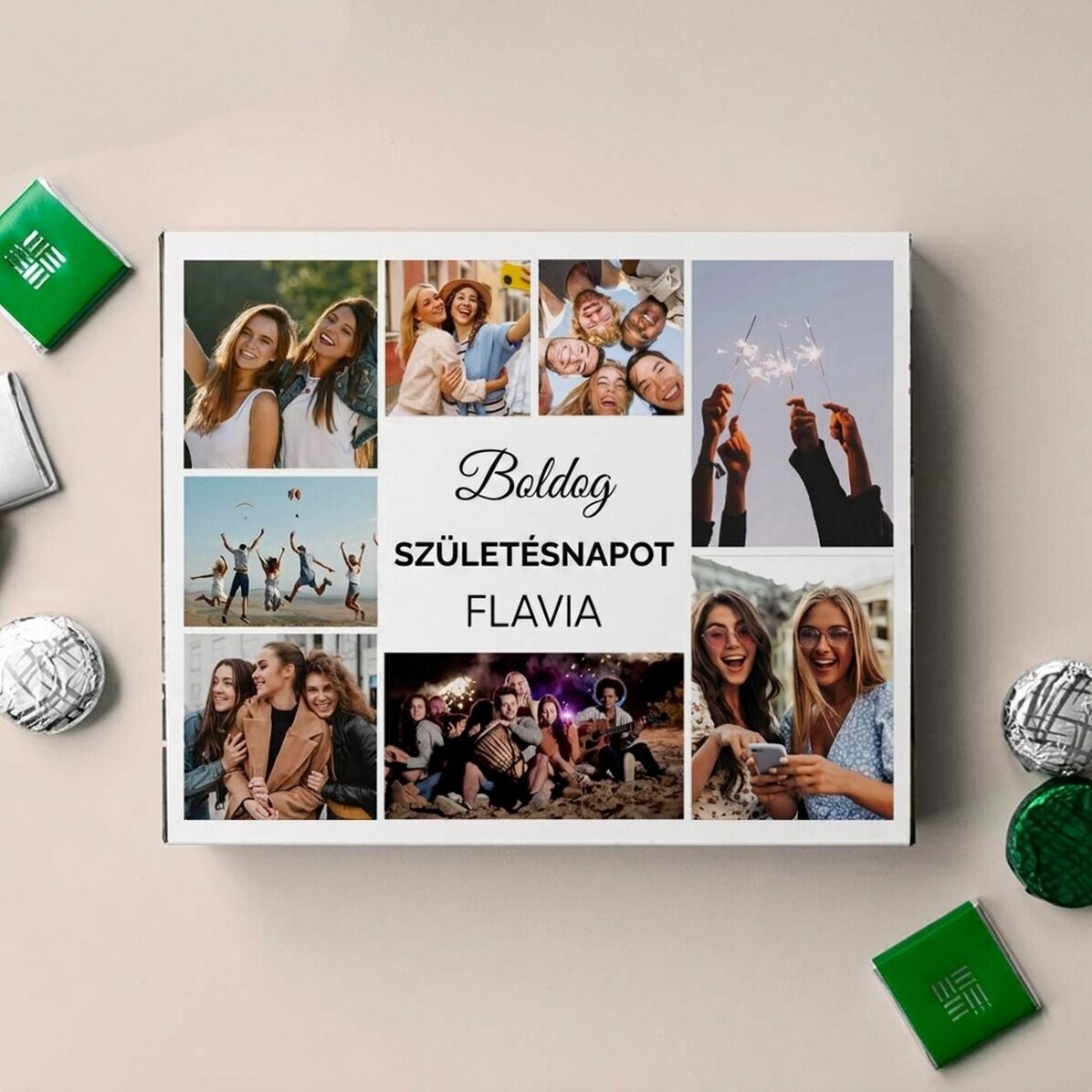 Személyre szabott csokoládédoboz 8 fotóval és üzenettel – Boldog születésnapot!
