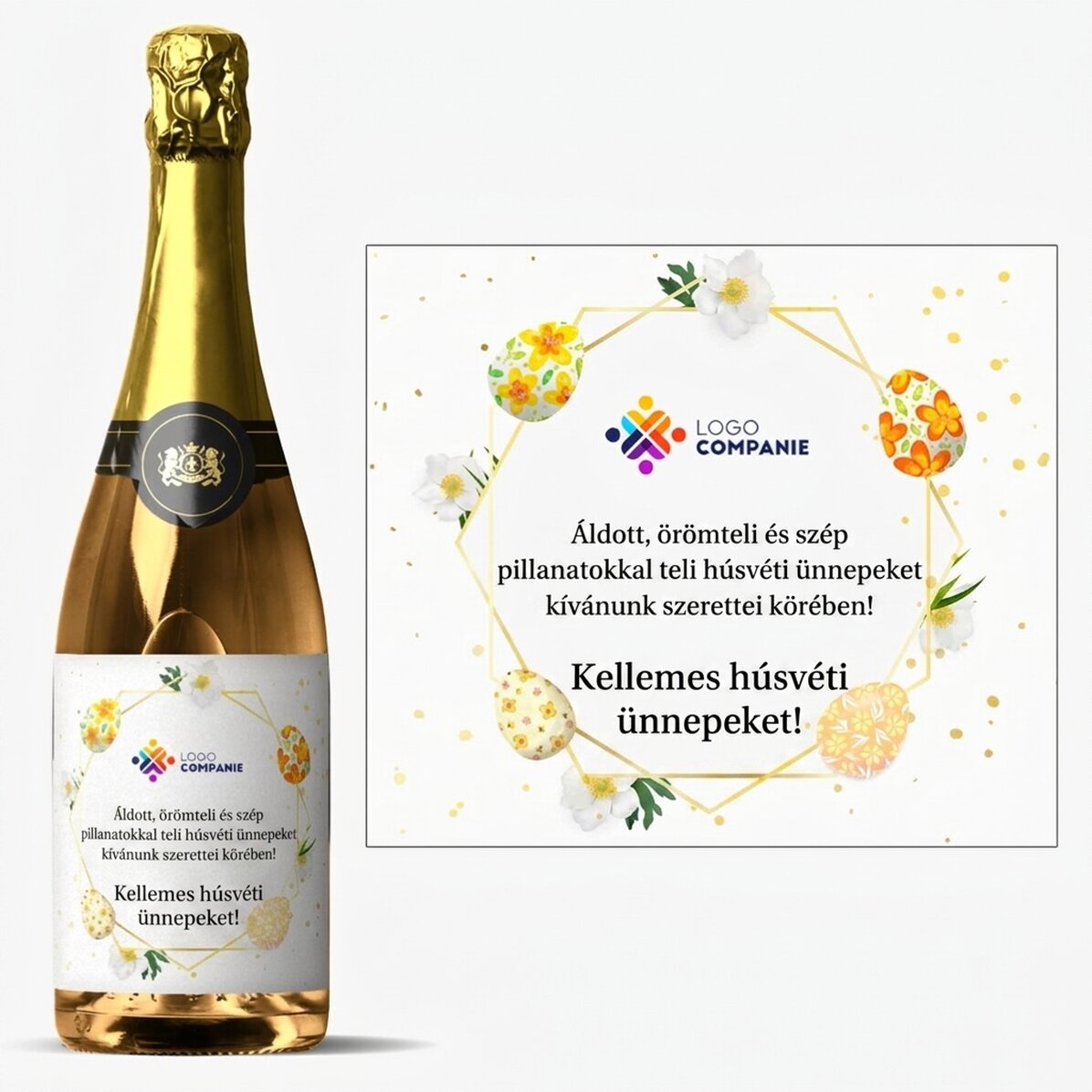 Személyre szabott pezsgő logóval és szöveggel – húsvéti üdvözlet