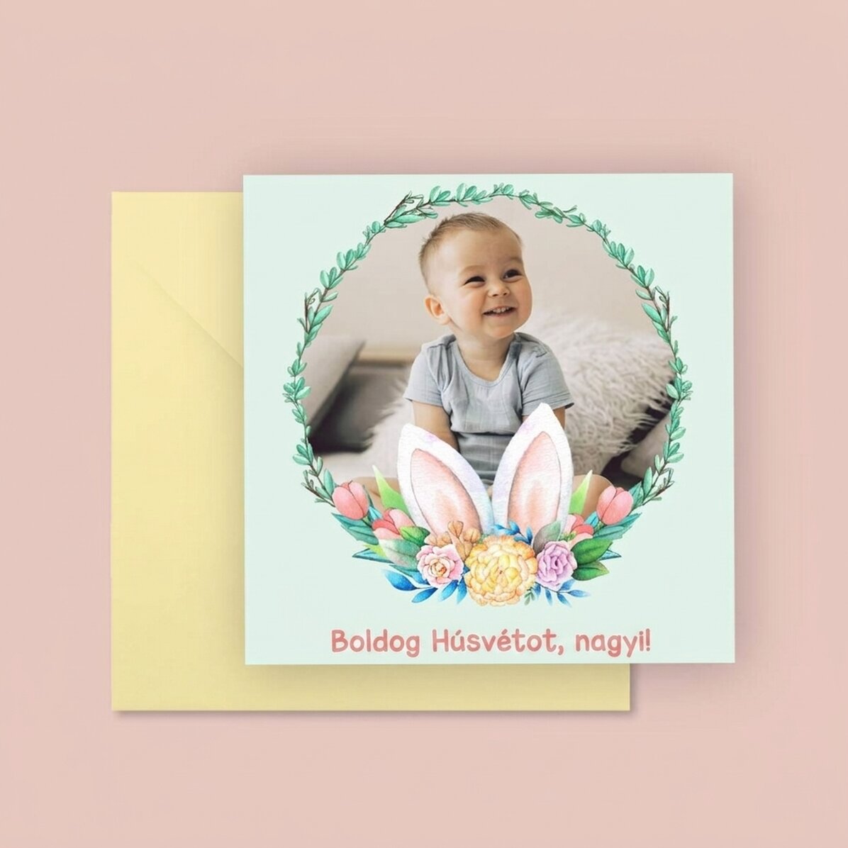 Személyre szabott négyzet alakú kártya szöveggel és fotóval – Boldog húsvétot!