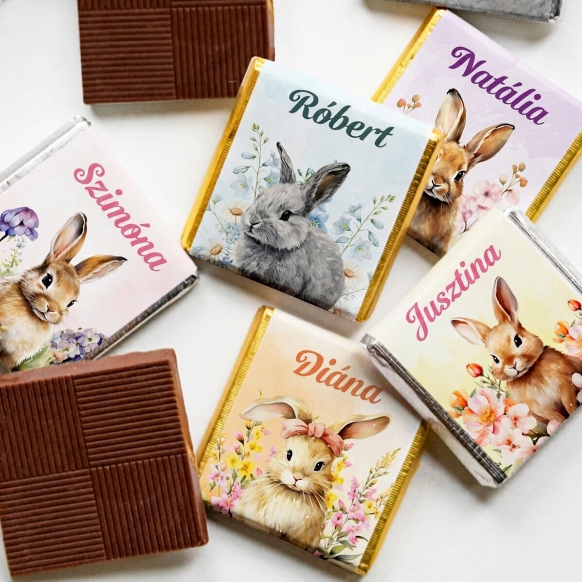 5 darabos mini csokoládé szett, személyre szabott felirattal – húsvéti nyuszik