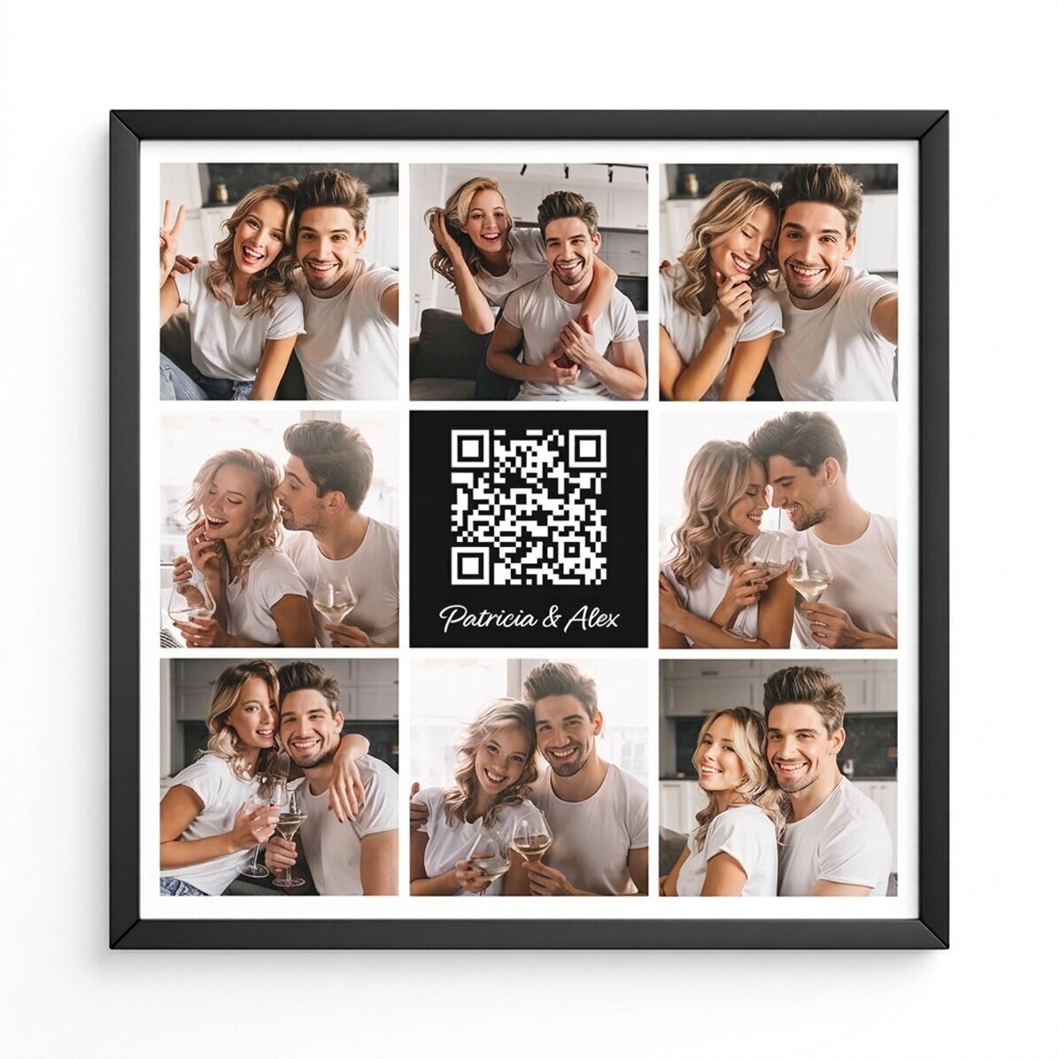 Személyre szabott vászon 8 fotóval, QR-kóddal és szöveggel