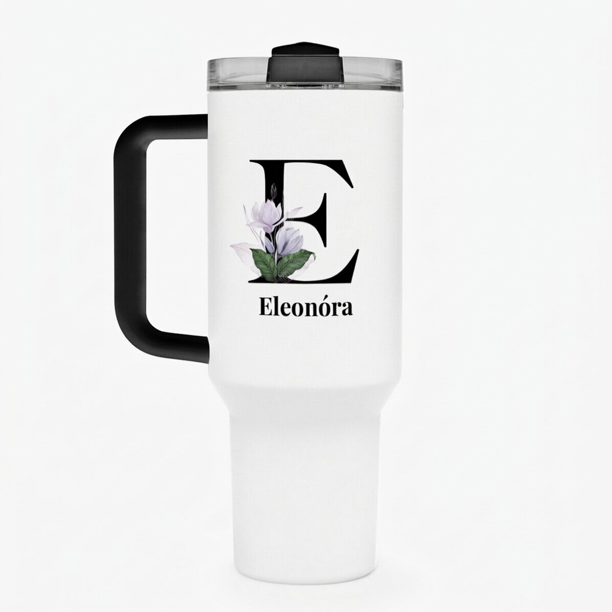 Fogantyúval és szívószállal ellátott termoszpohár, monogrammal és névvel személyre szabva