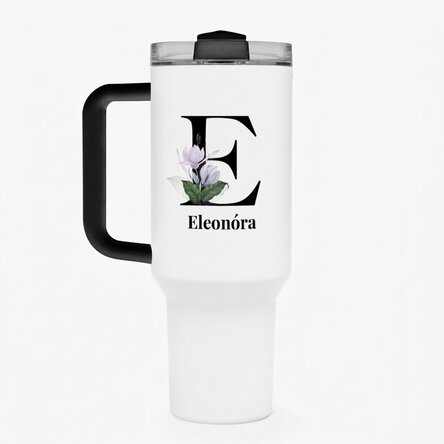 Fogantyúval és szívószállal ellátott termoszpohár, monogrammal és névvel személyre szabva