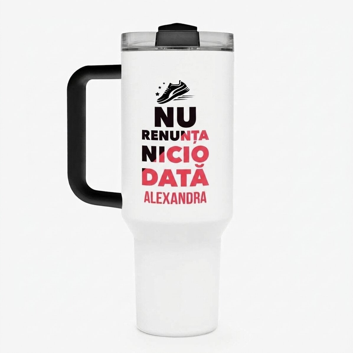 Termosz bögre fogantyúval és szalmával, névvel személyre szabva - Soha ne add fel!