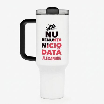 Termosz bögre fogantyúval és szalmával, névvel személyre szabva - Soha ne add fel!