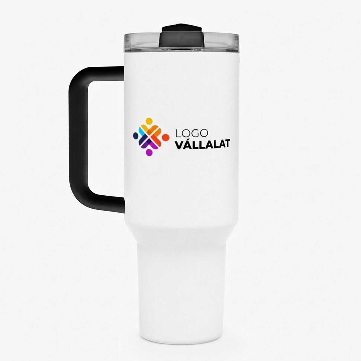 Thermos bögre fogantyúval és szívószállal, logóval személyre szabva