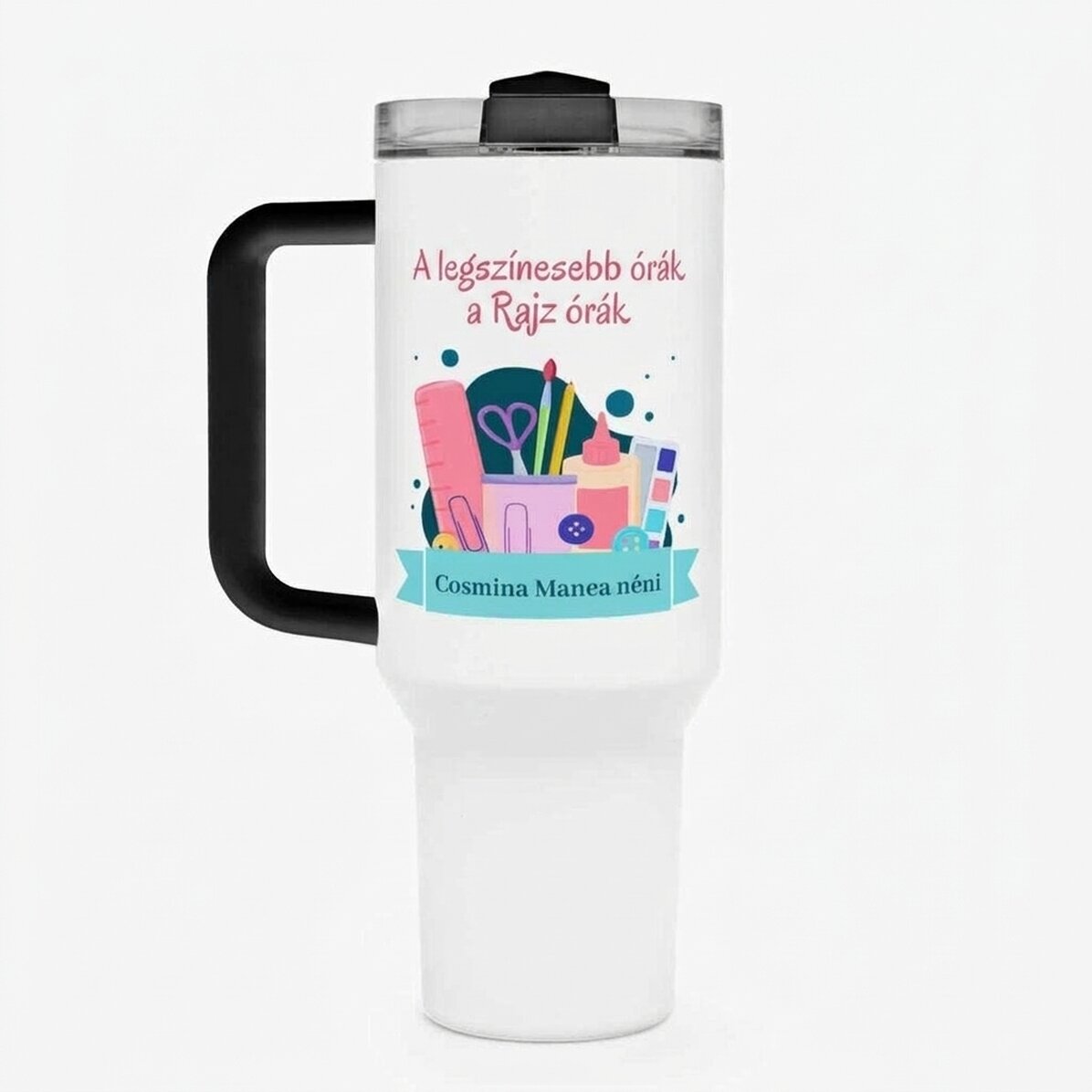 Thermos bögre fogantyúval és szívószállal, személyre szabott üzenettel - Művészet tanár
