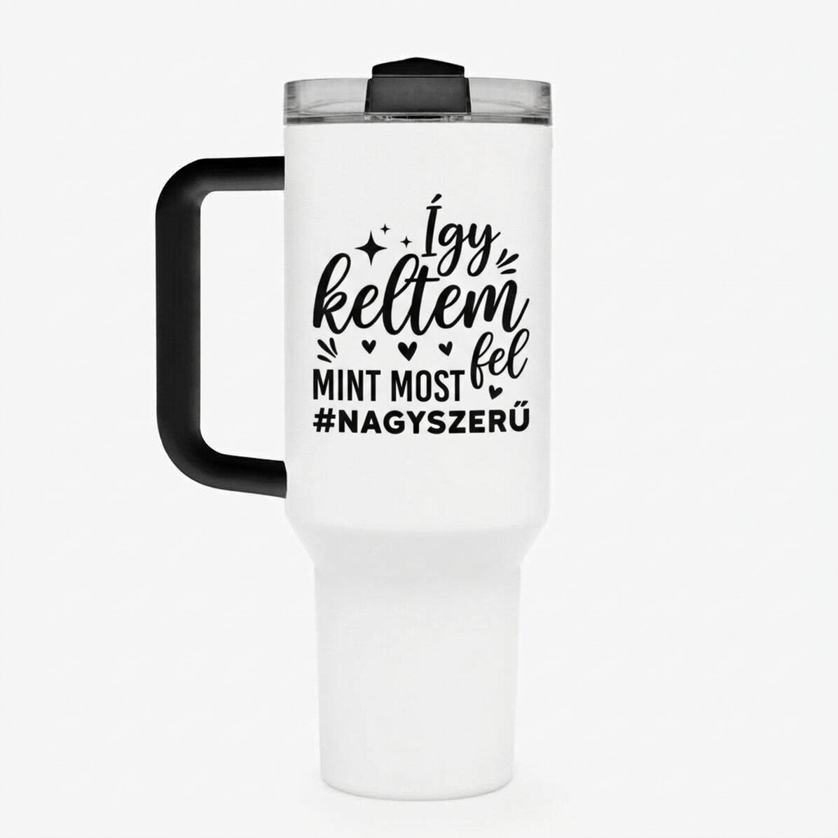 Fogantyúval és szalmával ellátott termosz bögre, személyre szabott szöveggel - Így ébredtem fel