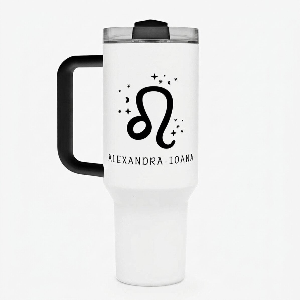 Thermos bögre fogantyúval és szívószállal, személyre szabott szöveggel - Leo állatöv jel