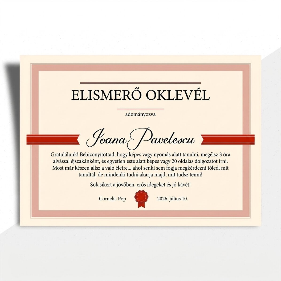 Személyre szabott oklevél szöveggel - Érdemoklevél