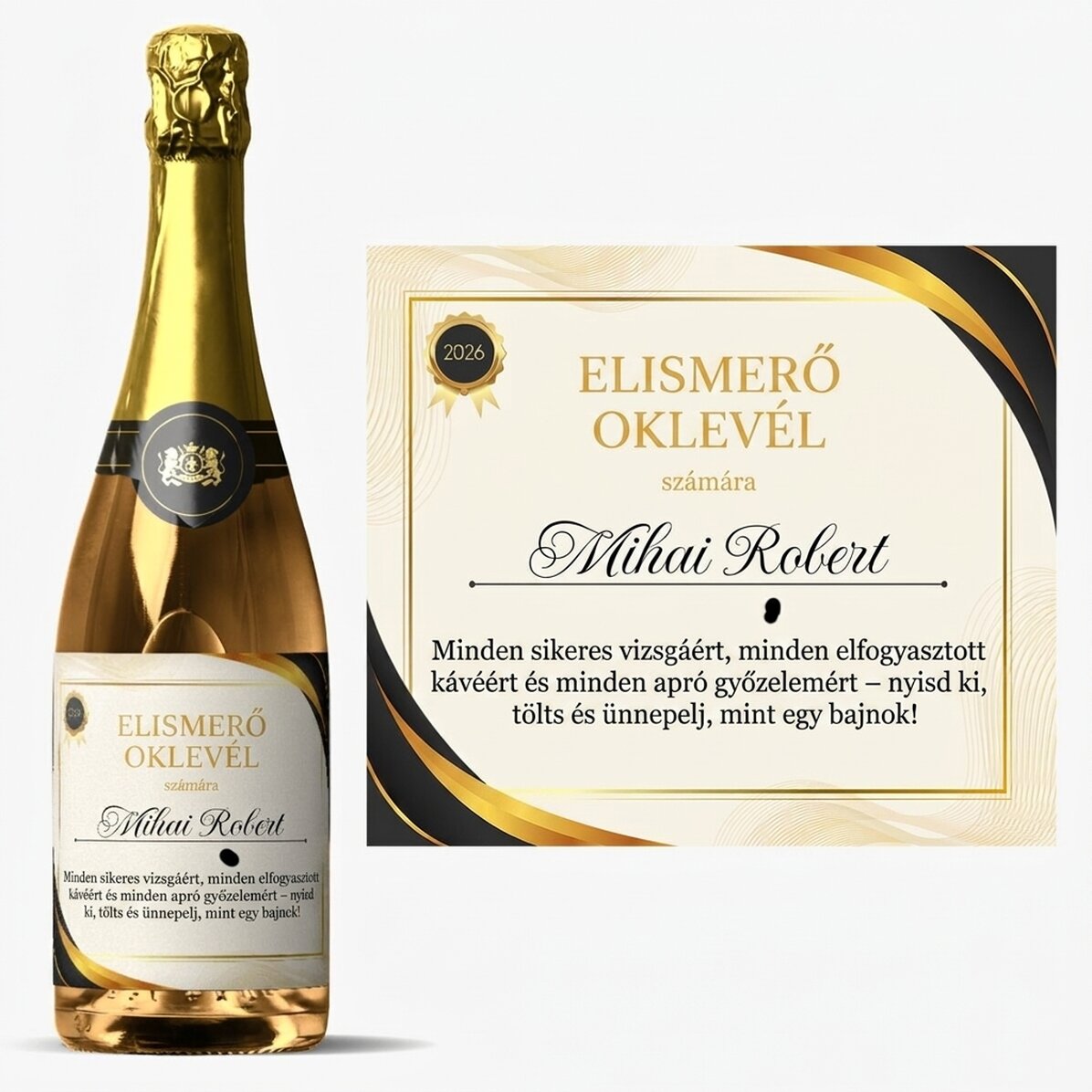 Személyre szabott pezsgő szöveggel - Elismerő oklevél
