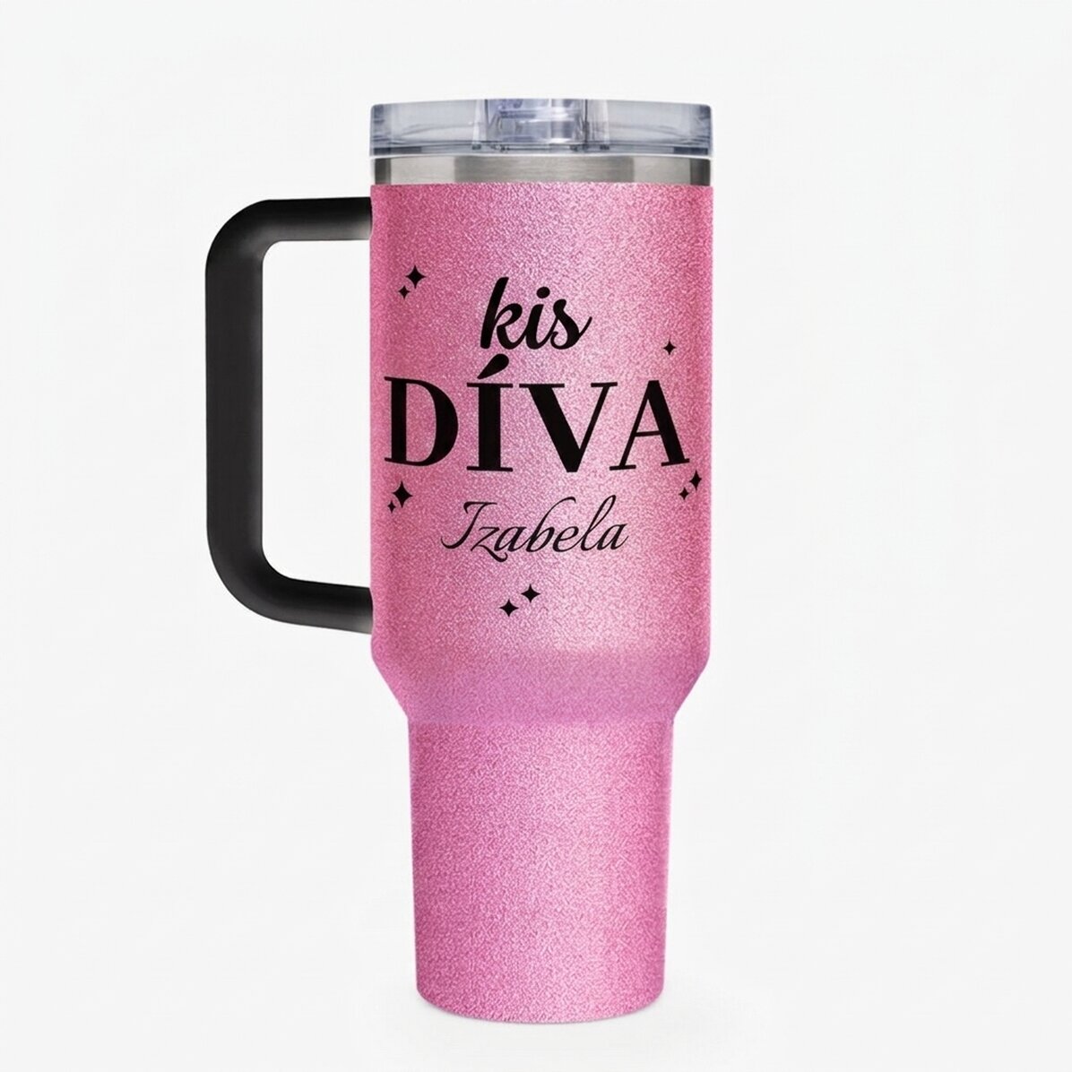 Thermos bögre fogantyúval és szívószállal, személyre szabott üzenettel - kis díva