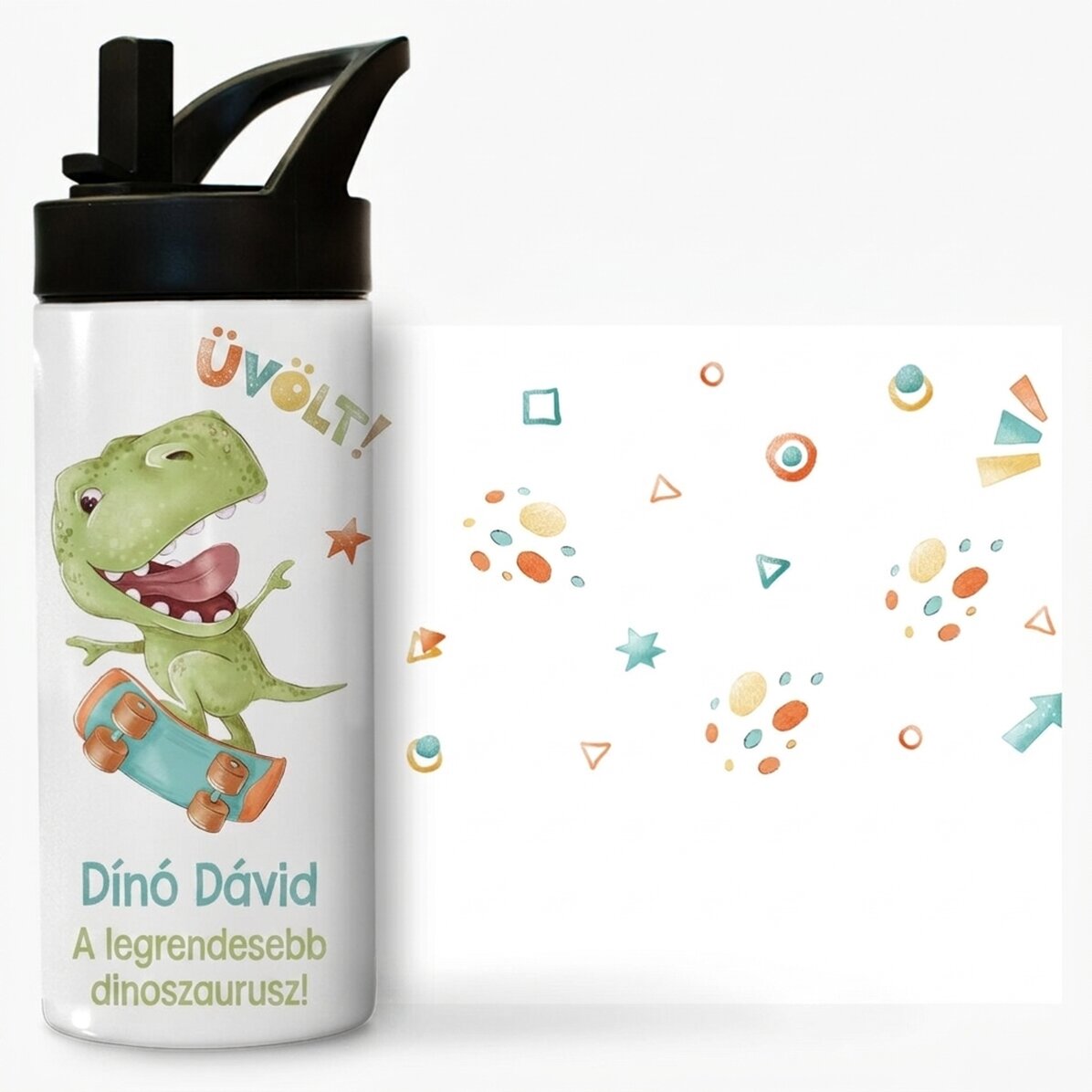 Fogantyúval és szívószállal ellátott termosz, gyermekeknek szóló üzenettel személyre szabva – Dino